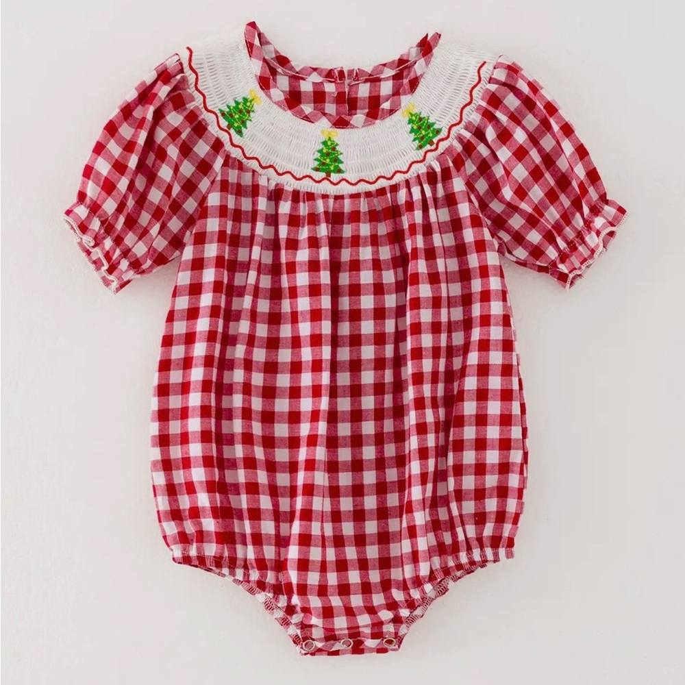 NEW Girls Red Plaid Christmas Tree Embroidered Romper